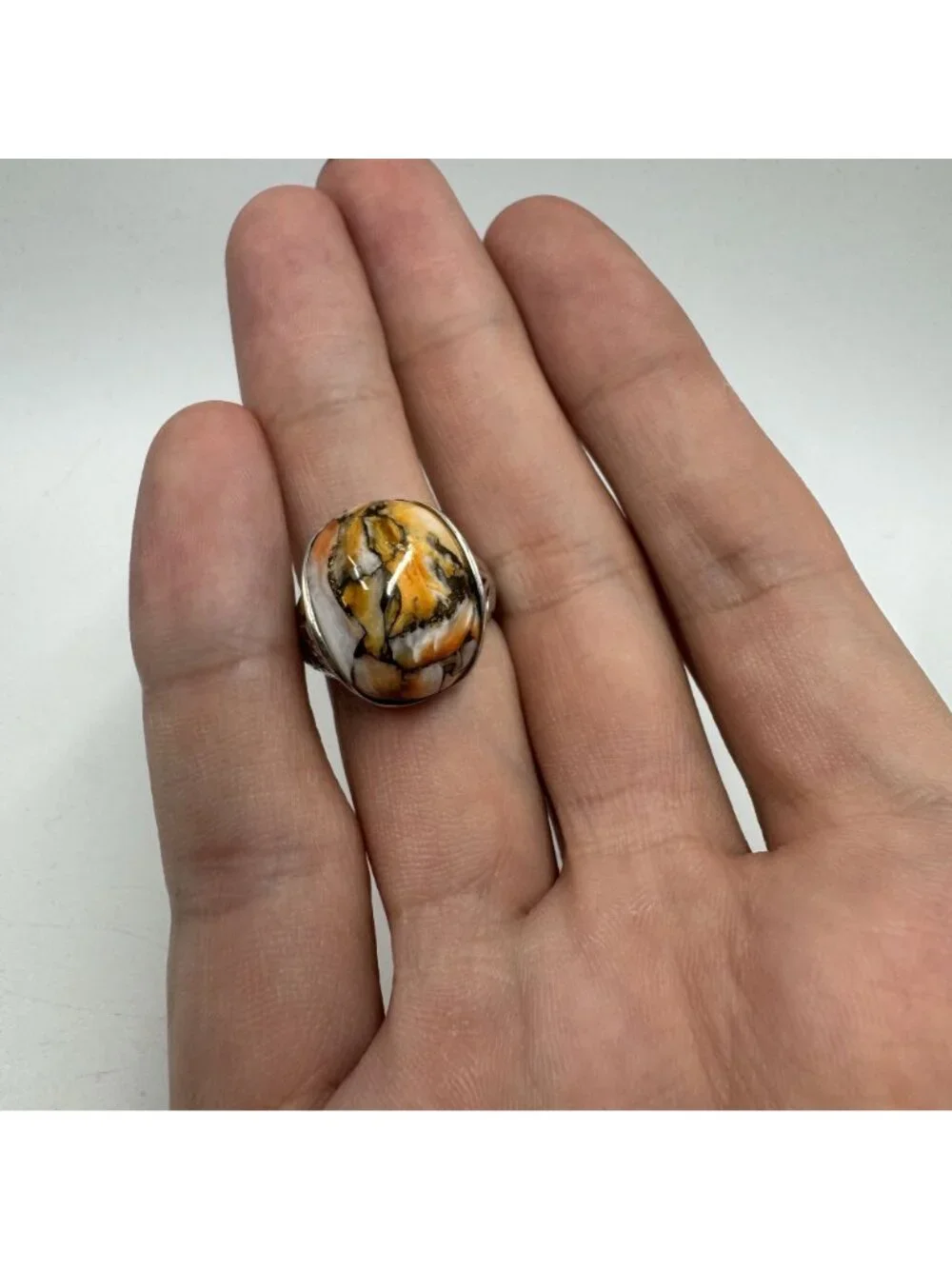 Solid Sterling Silver 925 Spiny Oyster Bezel Set Statement Ring Size 7.75